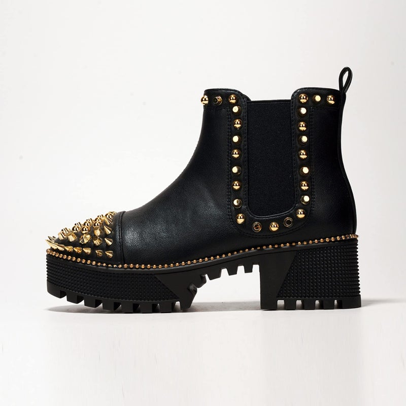 Cape Robbin Women's Platform Combat Boots Pull-on Ankle Booties, Studded Goth Punk Boots with Spiky Design & Chunky Heel (Spiky) - Black Gold Size 9 - Image 3